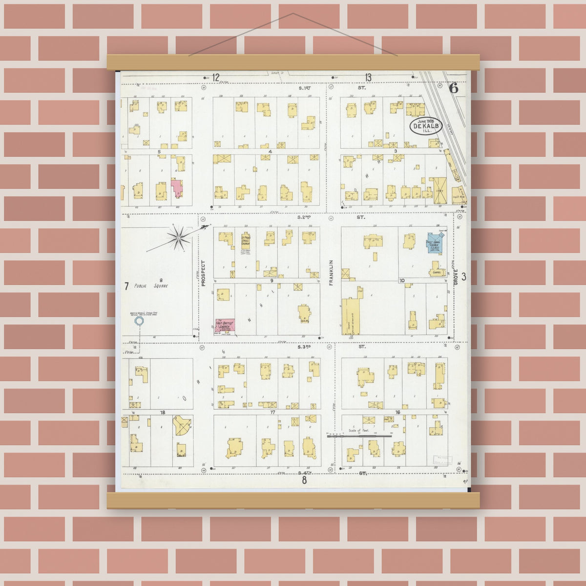 Old map wall art mockup — magnetic wood frame on brick wall — Sanborn Fire Insurance Map from De Kalb, De Kalb County, Illinois (1905), Sheet #0006