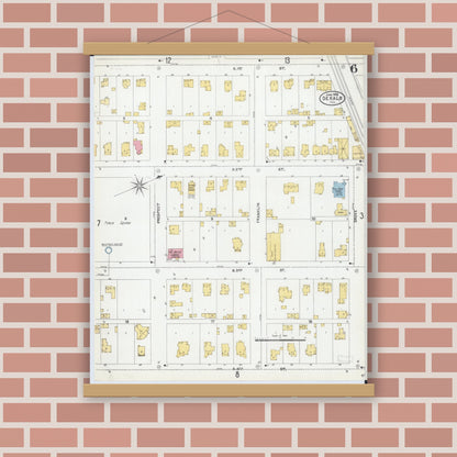 Old map wall art mockup — magnetic wood frame on brick wall — Sanborn Fire Insurance Map from De Kalb, De Kalb County, Illinois (1905), Sheet #0006