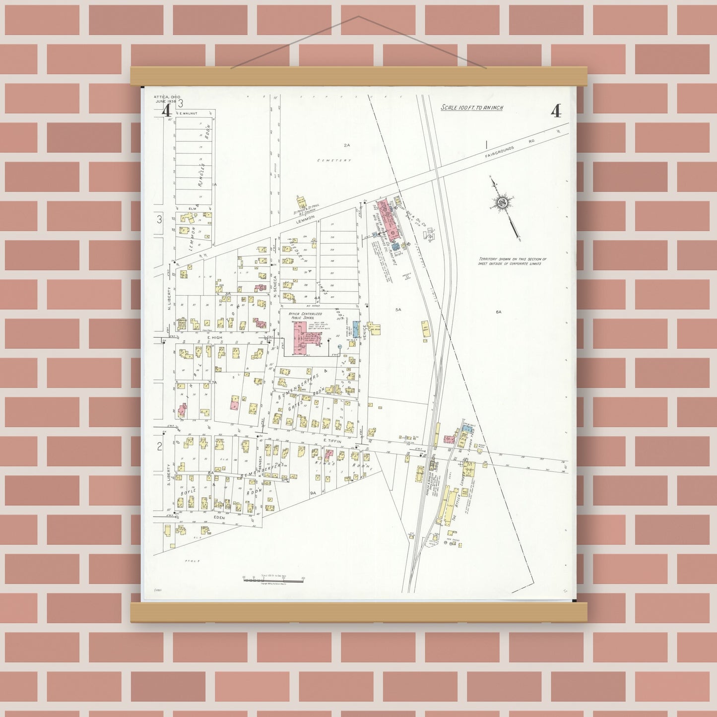 Old map wall art mockup — magnetic wood frame on brick wall — Sanborn Fire Insurance Map from Attica, Seneca County, Ohio (1938), Sheet #0004