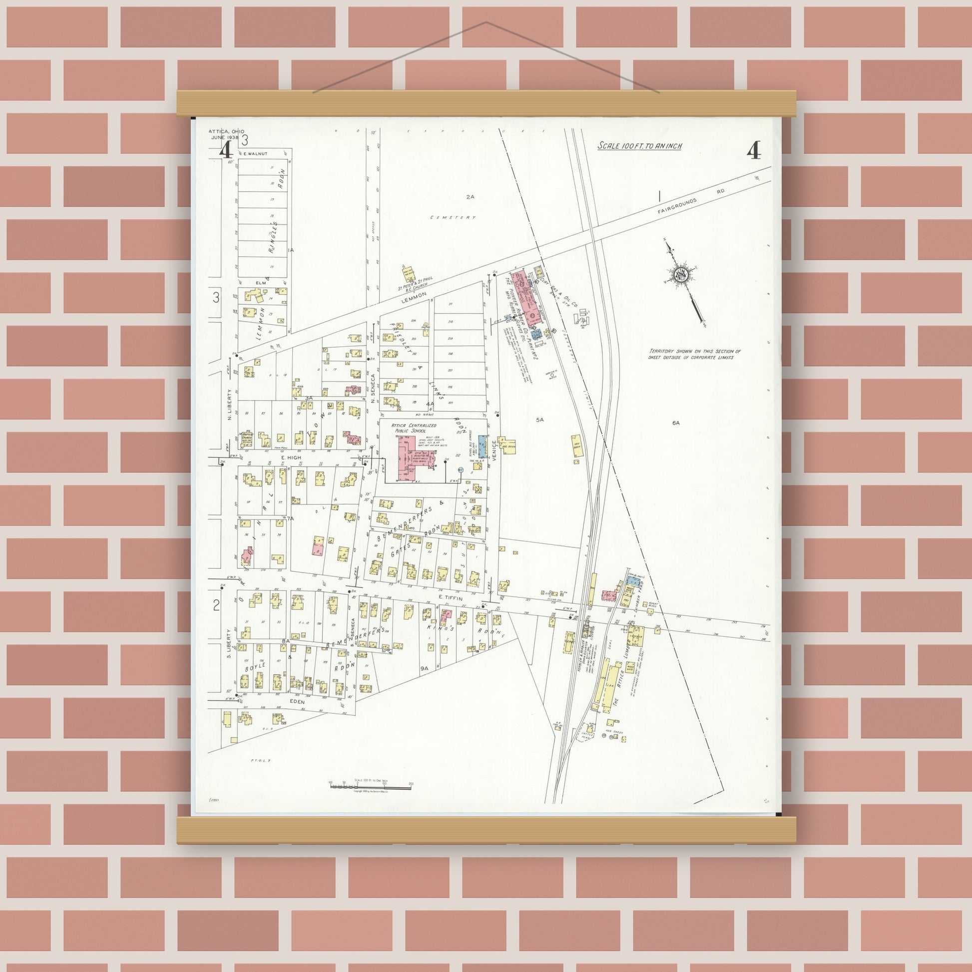 Old map wall art mockup — magnetic wood frame on brick wall — Sanborn Fire Insurance Map from Attica, Seneca County, Ohio (1938), Sheet #0004
