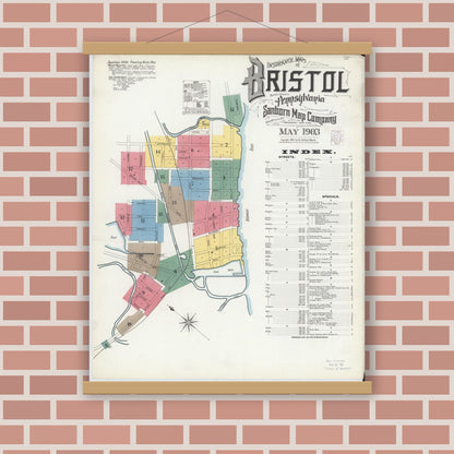 Old map wall art mockup — magnetic wood frame on brick wall — Sanborn Fire Insurance Map from Bristol, Bucks County, Pennsylvania (1903), Sheet #0001