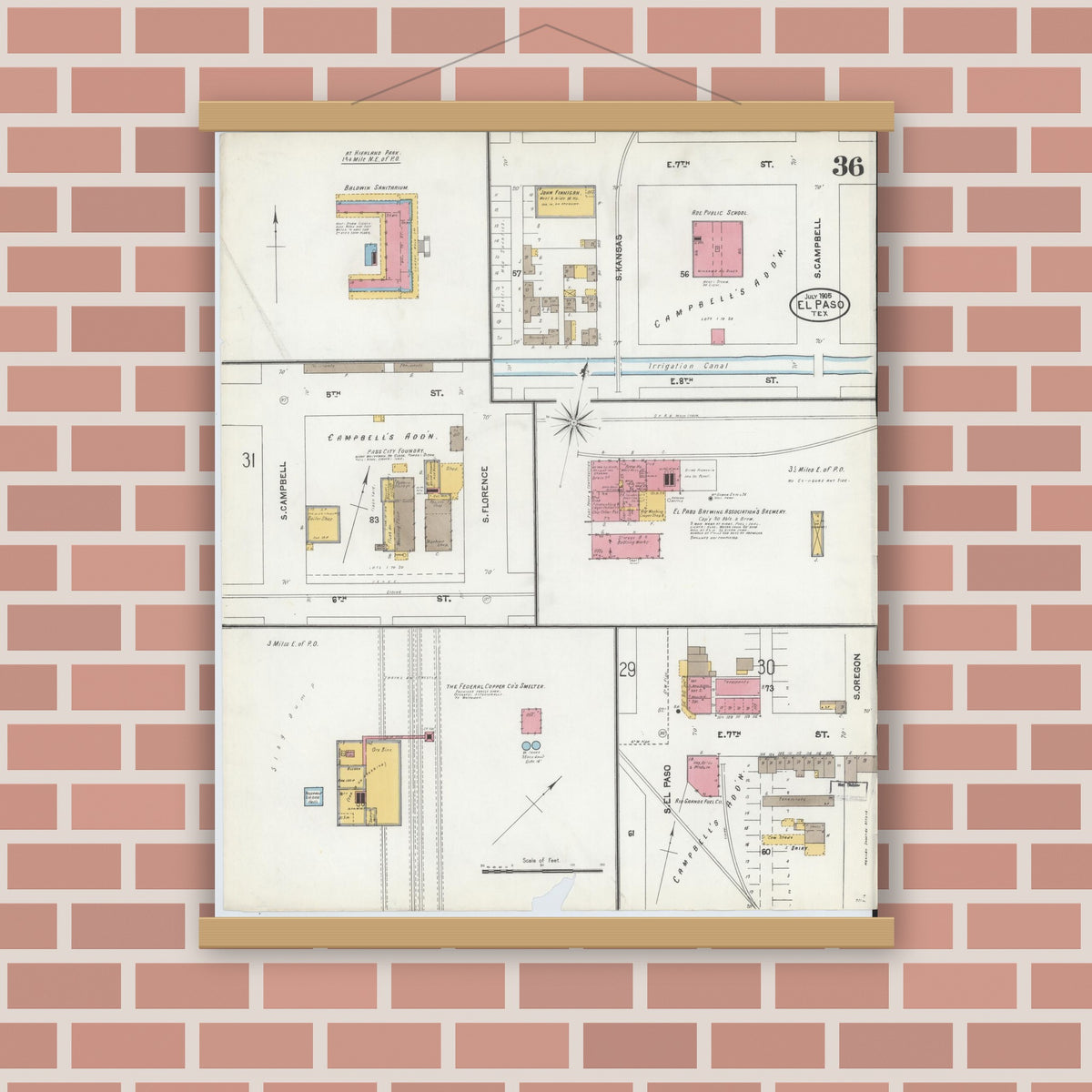 Old map wall art mockup — magnetic wood frame on brick wall — Sanborn Fire Insurance Map from El Paso, El Paso County, Texas (1905), Sheet #0036