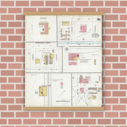 Old map wall art mockup — magnetic wood frame on brick wall — Sanborn Fire Insurance Map from El Paso, El Paso County, Texas (1905), Sheet #0036