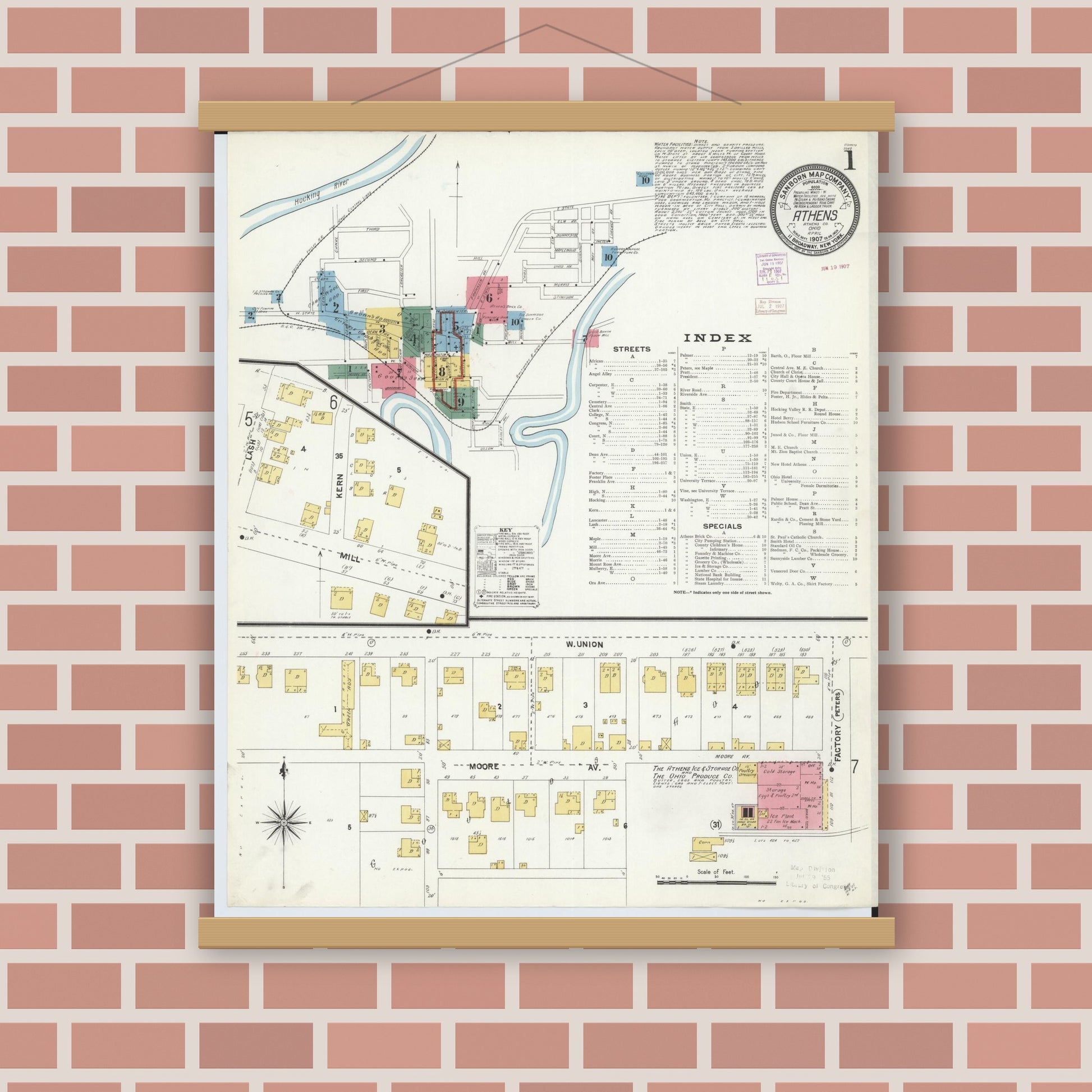 Old map wall art mockup — magnetic wood frame on brick wall — Sanborn Fire Insurance Map from Athens, Athens County, Ohio (1907) - Complete Map Set