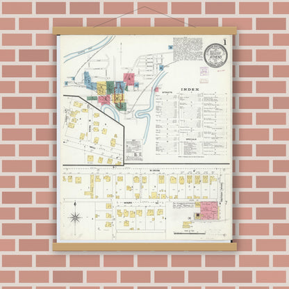Old map wall art mockup — magnetic wood frame on brick wall — Sanborn Fire Insurance Map from Athens, Athens County, Ohio (1907) - Complete Map Set
