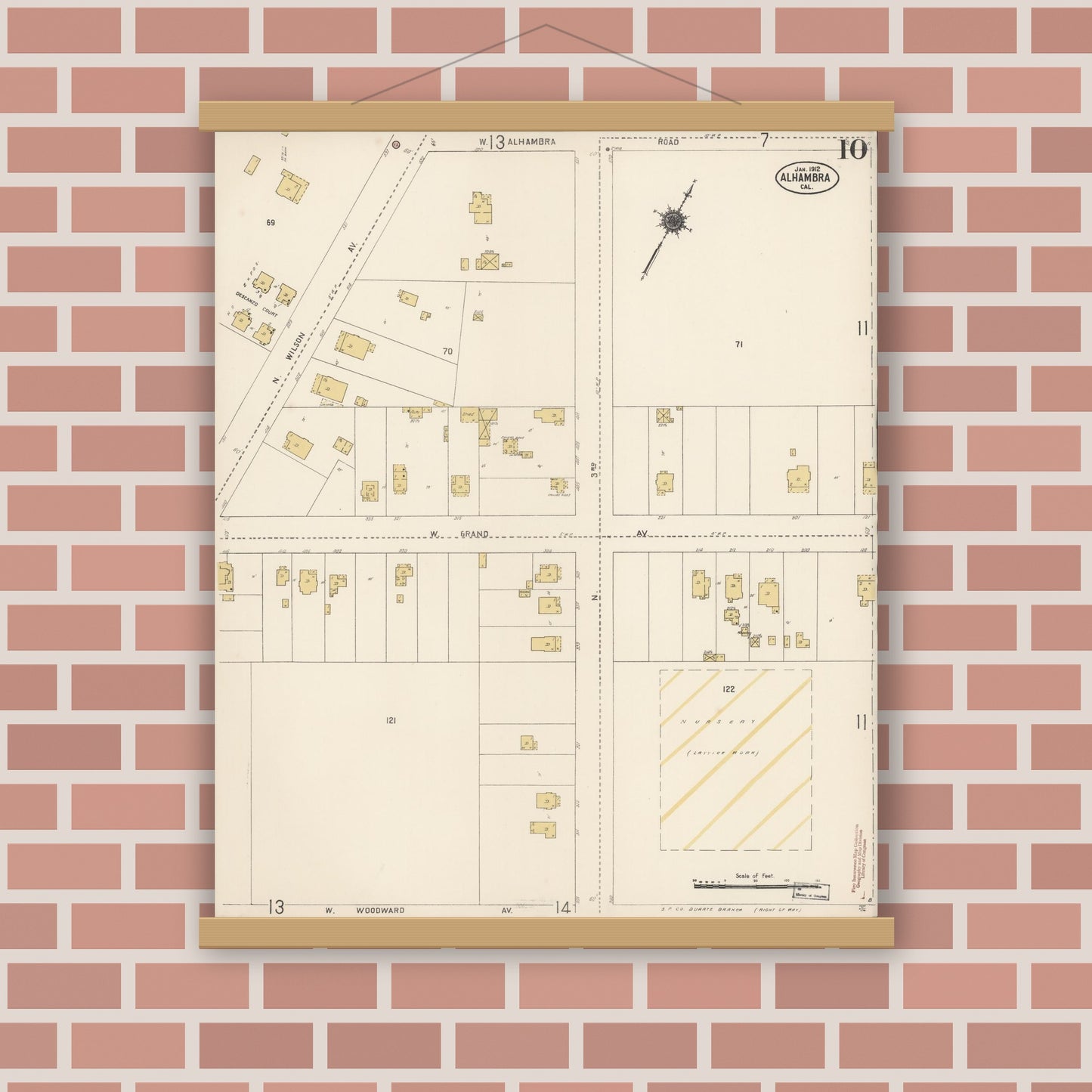 Old map wall art mockup — magnetic wood frame on brick wall — Sanborn Fire Insurance Map from Alhambra, Los Angeles County, California (1912), Sheet #0010