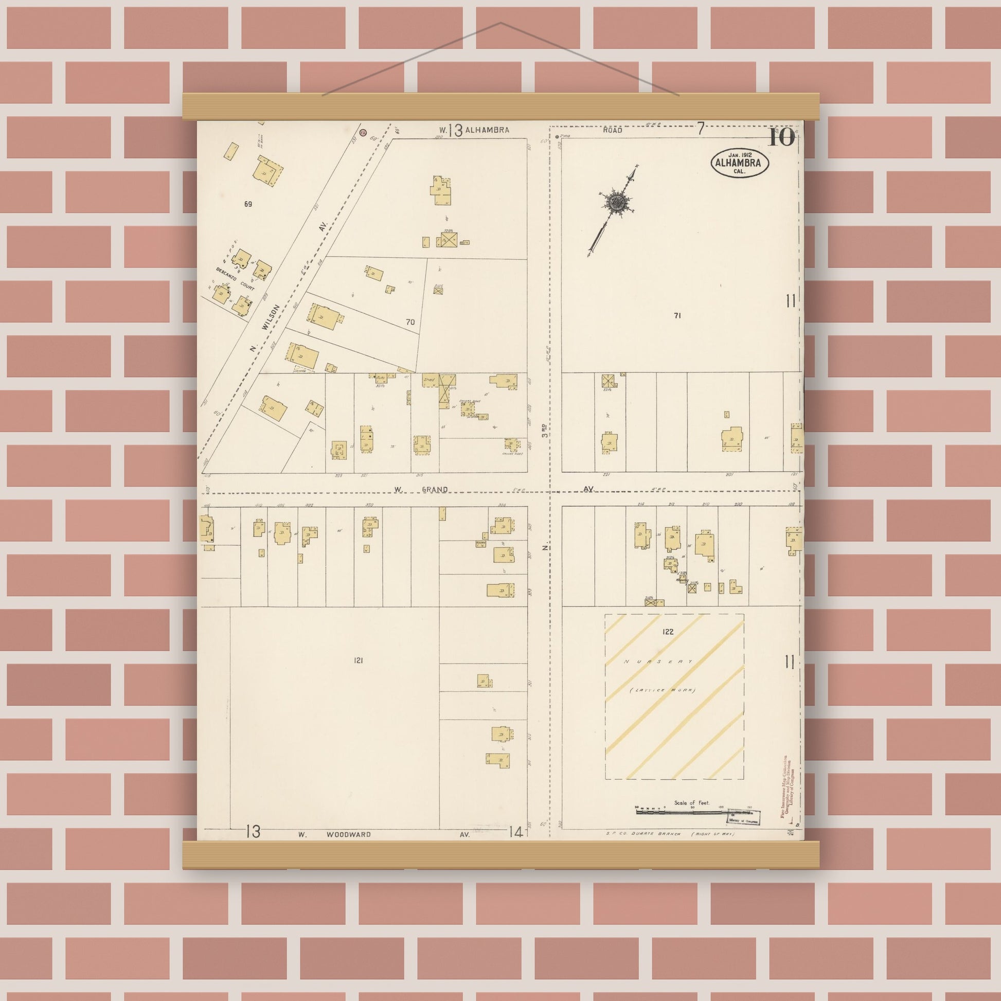 Old map wall art mockup — magnetic wood frame on brick wall — Sanborn Fire Insurance Map from Alhambra, Los Angeles County, California (1912), Sheet #0010