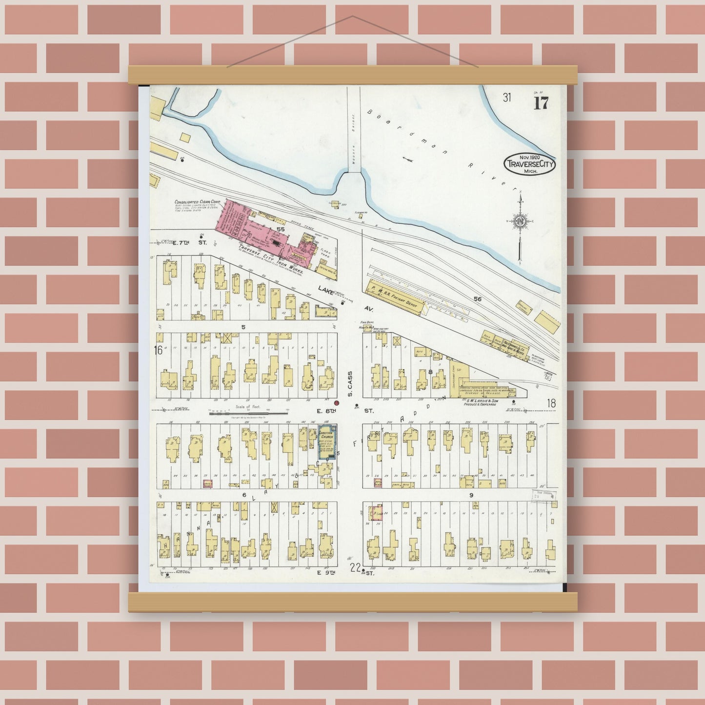 Old map wall art mockup — magnetic wood frame on brick wall — Sanborn Fire Insurance Map from Traverse City, Grand Traverse County, Michigan (1920), Sheet #0017