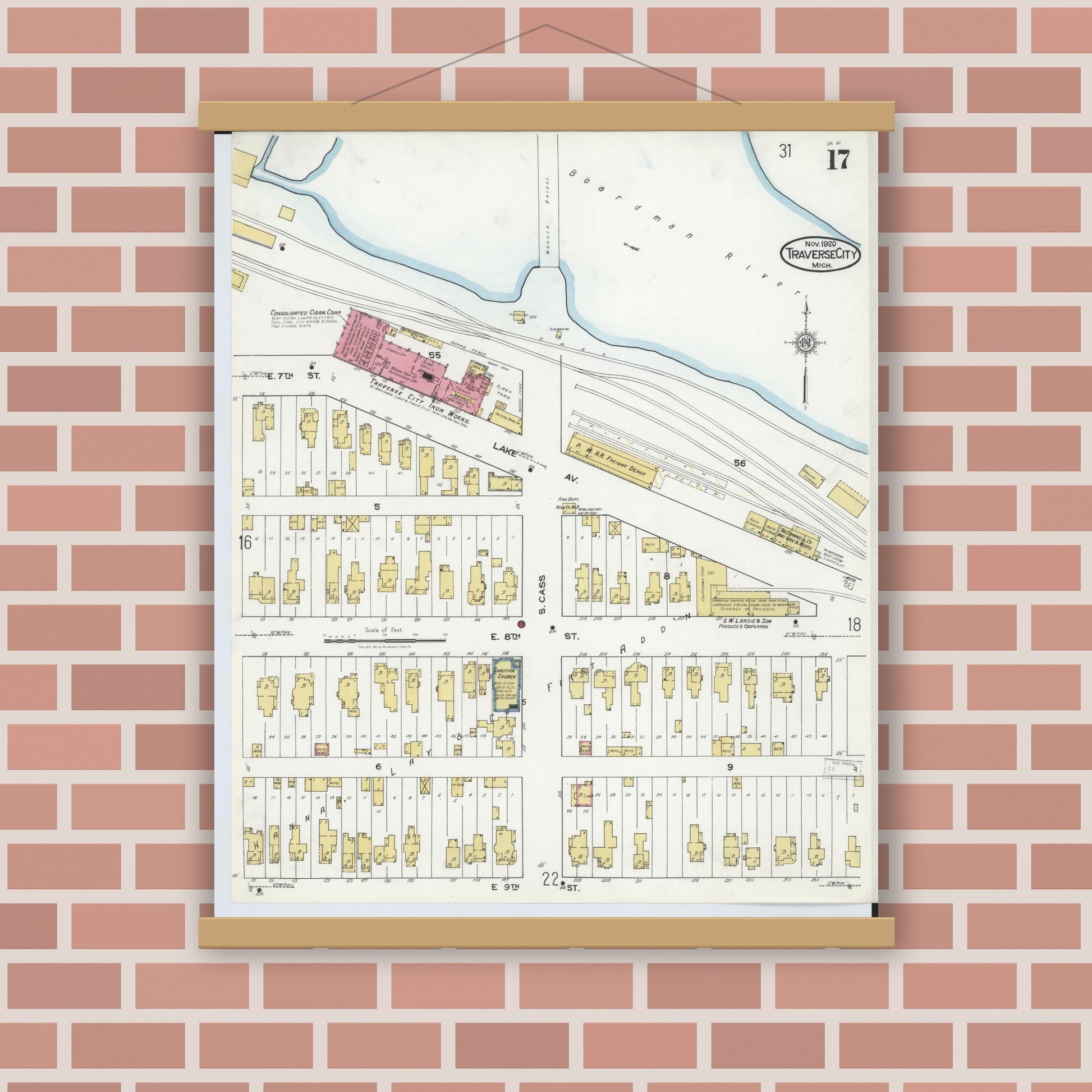 Old map wall art mockup — magnetic wood frame on brick wall — Sanborn Fire Insurance Map from Traverse City, Grand Traverse County, Michigan (1920), Sheet #0017