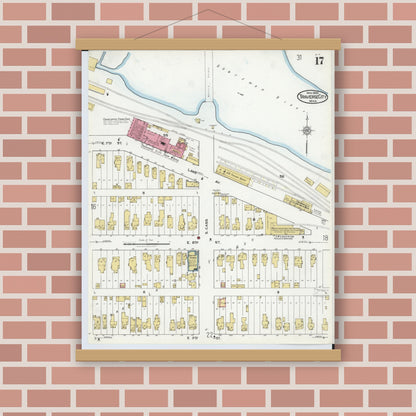 Old map wall art mockup — magnetic wood frame on brick wall — Sanborn Fire Insurance Map from Traverse City, Grand Traverse County, Michigan (1920), Sheet #0017