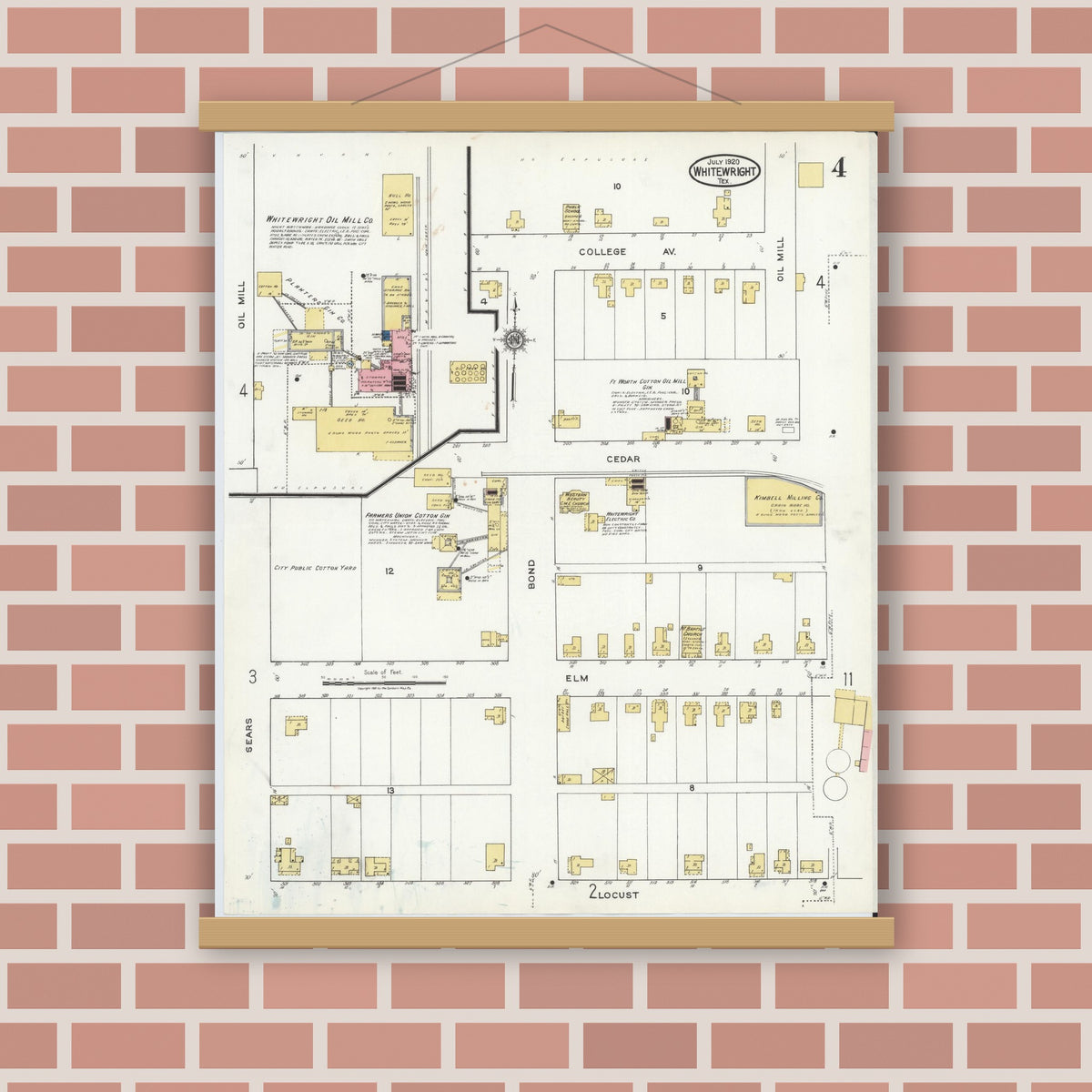 Old map wall art mockup — magnetic wood frame on brick wall — Sanborn Fire Insurance Map from Whitewright, Grayson County, Texas (1920), Sheet #0004
