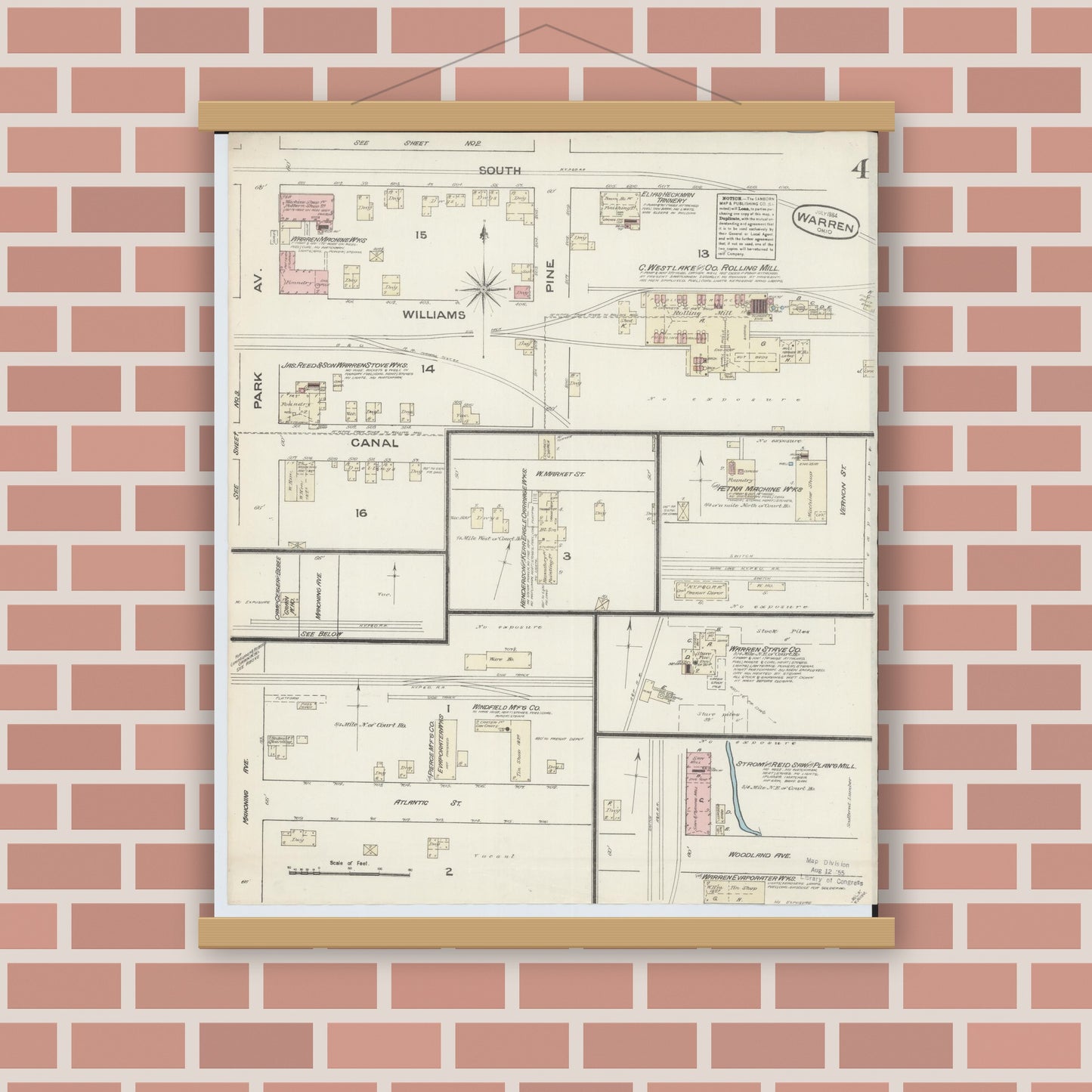 Old map wall art mockup — magnetic wood frame on brick wall — Sanborn Fire Insurance Map from Warren, Trumbull County, Ohio (1884), Sheet #0004