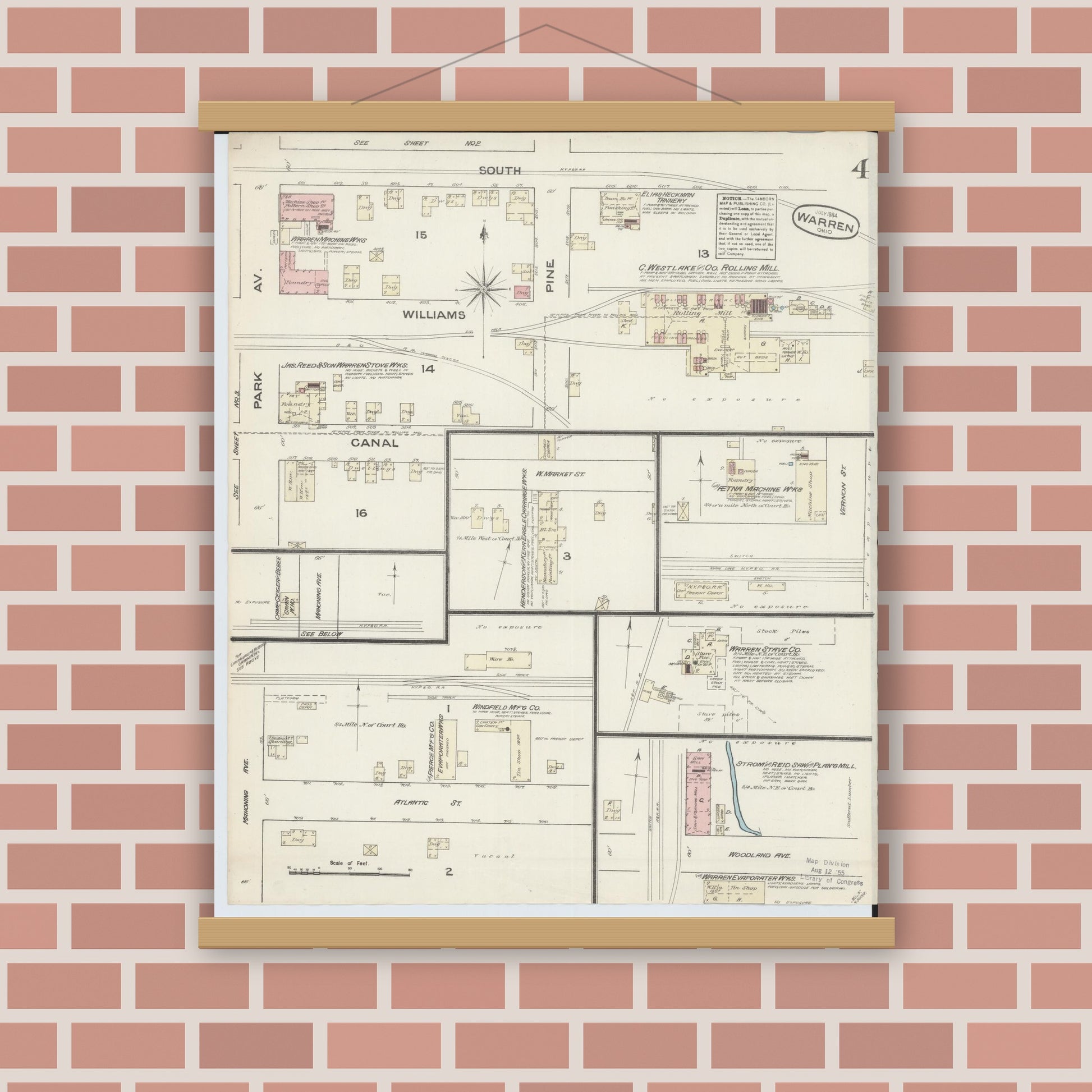 Old map wall art mockup — magnetic wood frame on brick wall — Sanborn Fire Insurance Map from Warren, Trumbull County, Ohio (1884), Sheet #0004