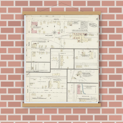 Old map wall art mockup — magnetic wood frame on brick wall — Sanborn Fire Insurance Map from Warren, Trumbull County, Ohio (1884), Sheet #0004