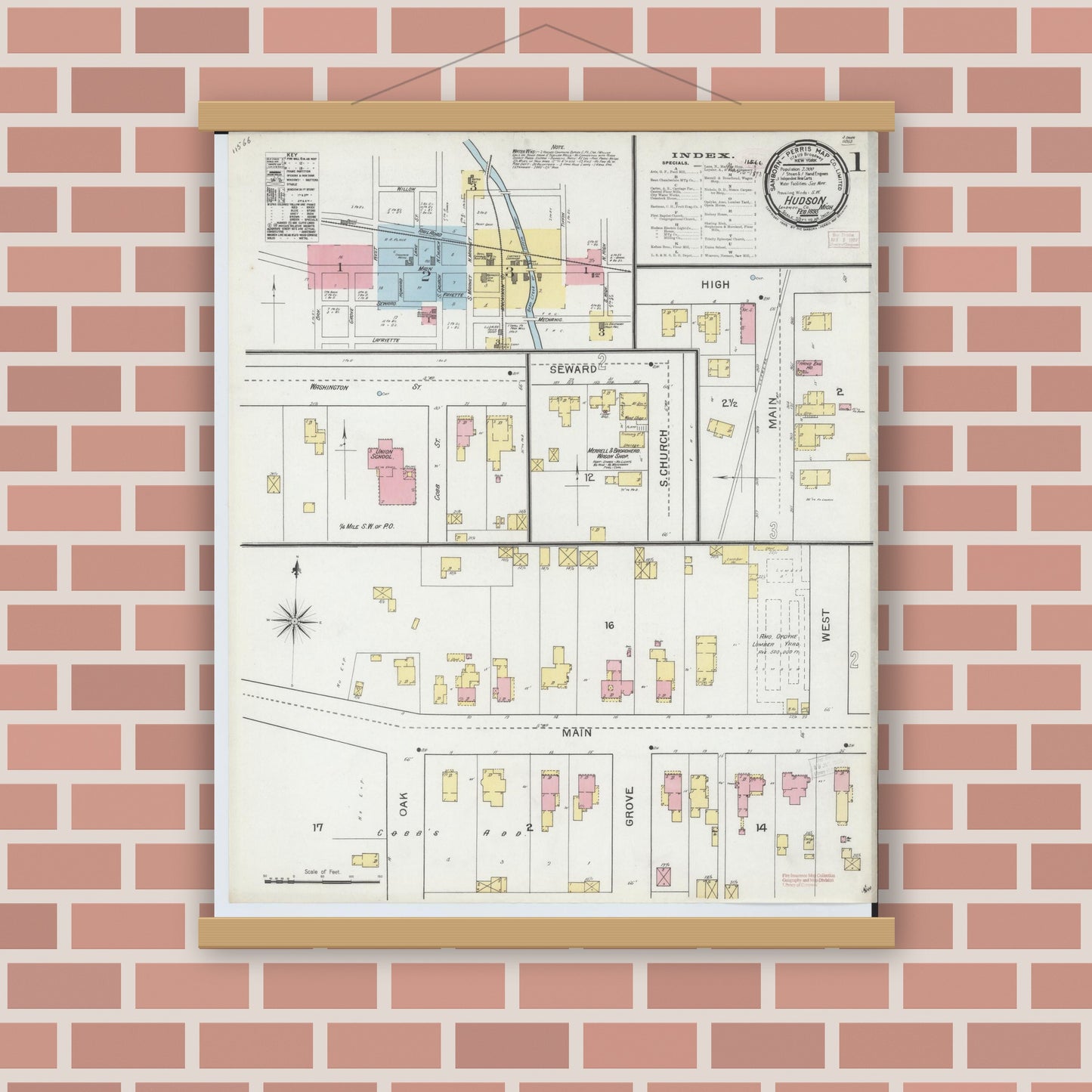 Old map wall art mockup — magnetic wood frame on brick wall — Sanborn Fire Insurance Map from Hudson, Lenawee County, Michigan (1893) - Complete Map Set