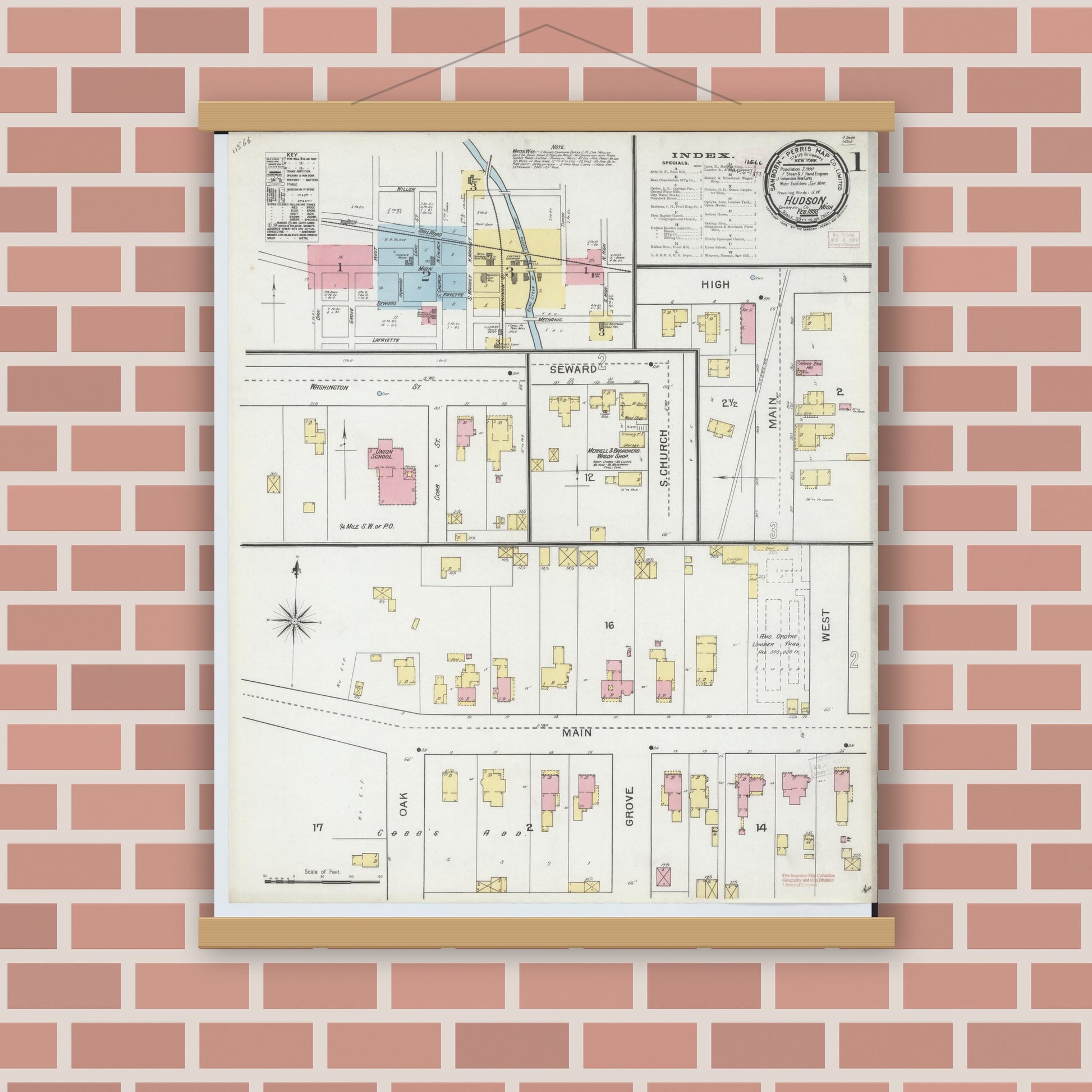 Old map wall art mockup — magnetic wood frame on brick wall — Sanborn Fire Insurance Map from Hudson, Lenawee County, Michigan (1893) - Complete Map Set