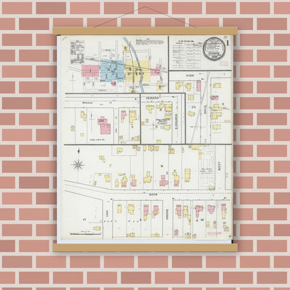 Old map wall art mockup — magnetic wood frame on brick wall — Sanborn Fire Insurance Map from Hudson, Lenawee County, Michigan (1893) - Complete Map Set