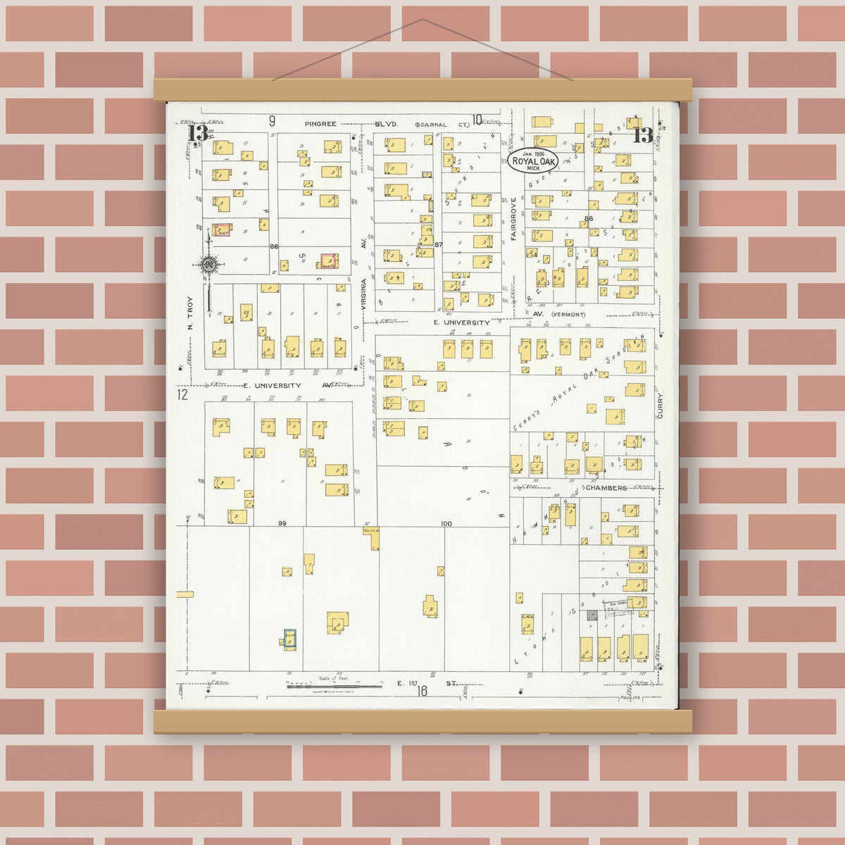Old map wall art mockup — magnetic wood frame on brick wall — Sanborn Fire Insurance Map from Royal Oak, Oakland County, Michigan (1926), Sheet #0013