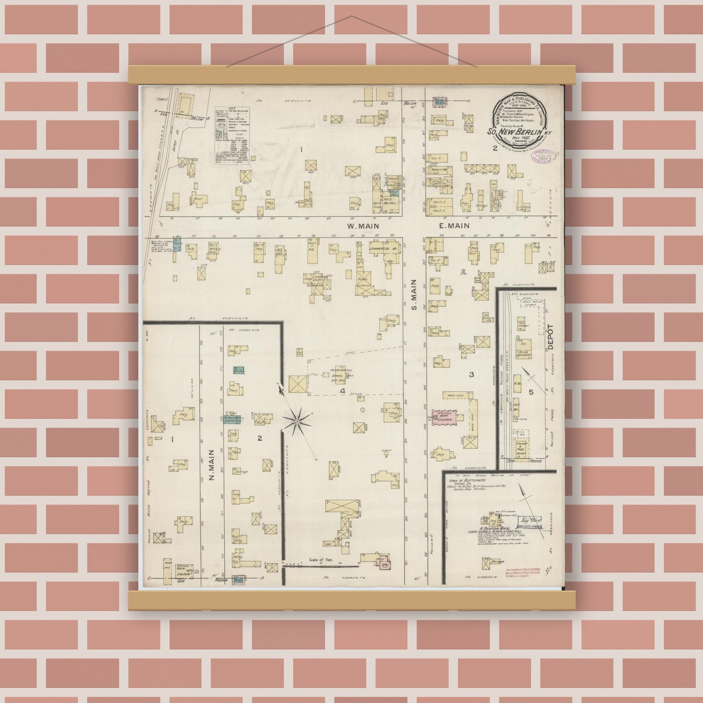Old map wall art mockup — magnetic wood frame on brick wall — Sanborn Fire Insurance Map from South New Berlin, Chenango County, New York (1887), Sheet #0001