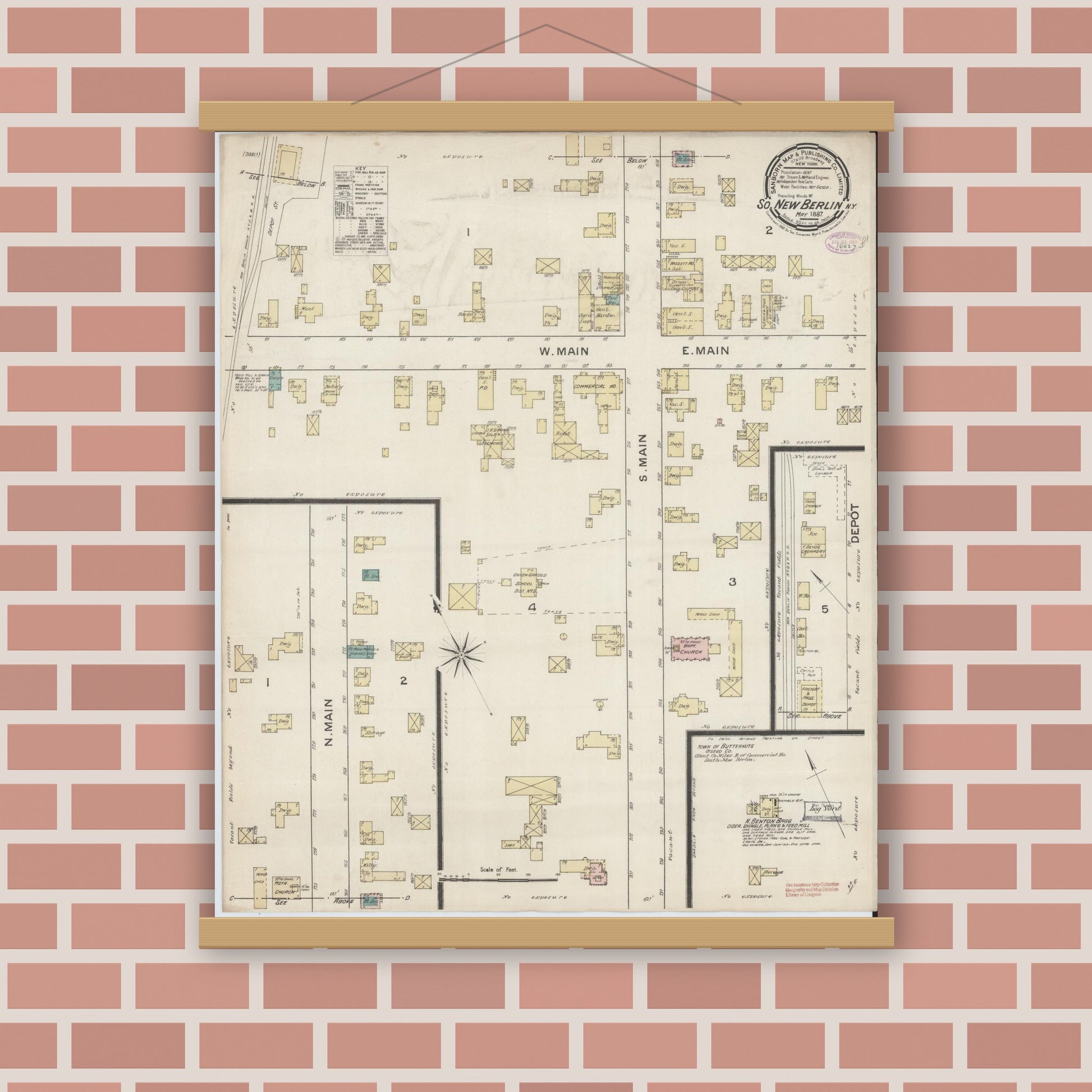 Old map wall art mockup — magnetic wood frame on brick wall — Sanborn Fire Insurance Map from South New Berlin, Chenango County, New York (1887), Sheet #0001