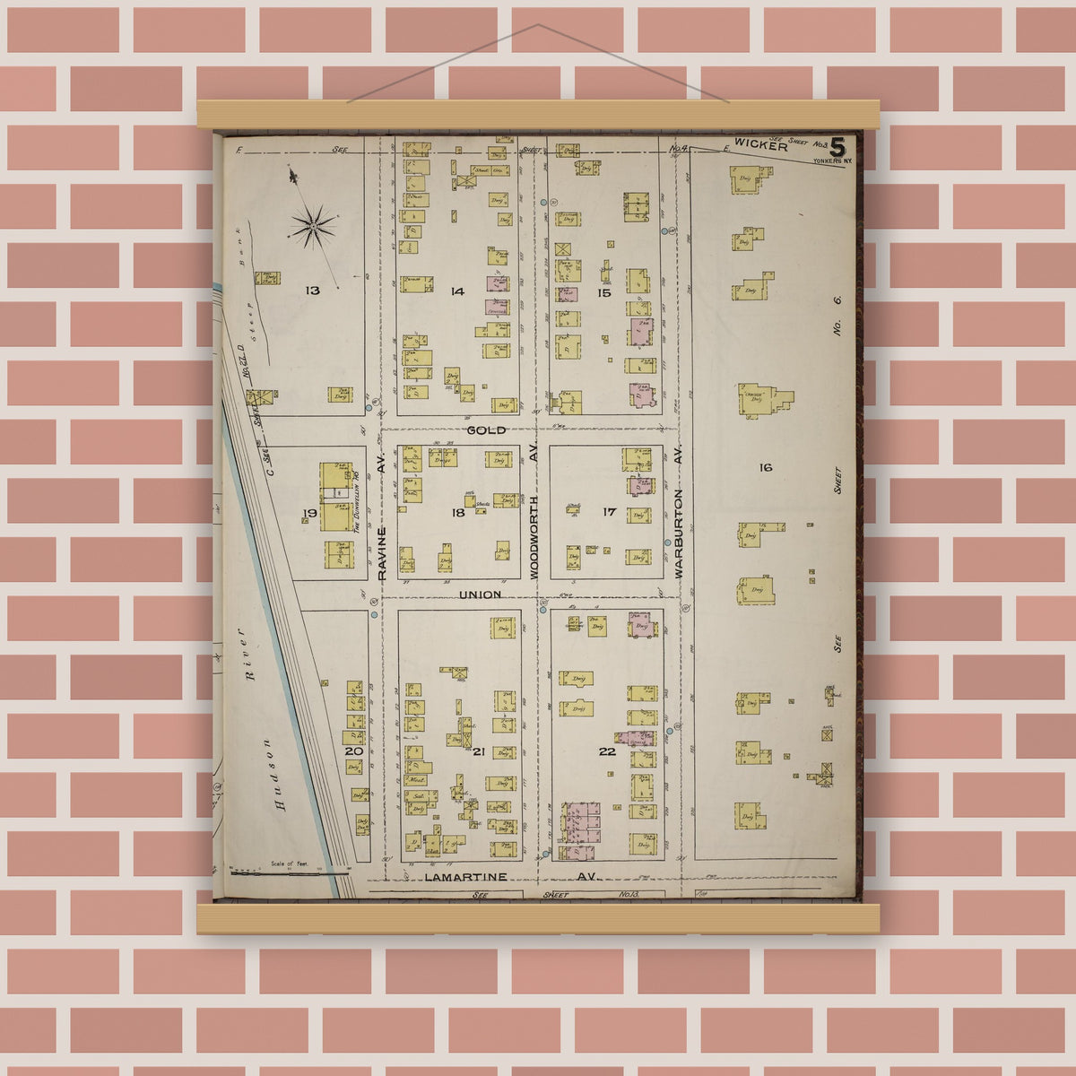 Old map wall art mockup — magnetic wood frame on brick wall — Sanborn Fire Insurance Map from Yonkers, Westchester County, New York (1886), Sheet #0005
