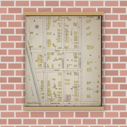 Old map wall art mockup — magnetic wood frame on brick wall — Sanborn Fire Insurance Map from Yonkers, Westchester County, New York (1886), Sheet #0005