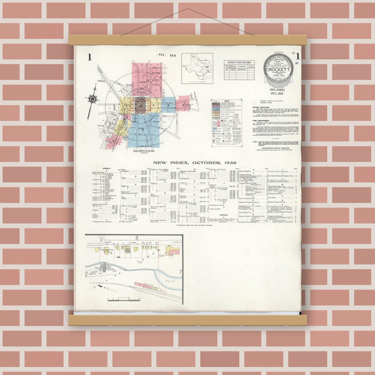 Old map wall art mockup — magnetic wood frame on brick wall — Sanborn Fire Insurance Map from Cotulla, La Salle County, Texas (1948), Sheet #0005