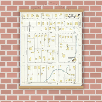 Old map wall art mockup — magnetic wood frame on brick wall — Sanborn Fire Insurance Map from Weatherford, Parker County, Texas (1910), Sheet #0015