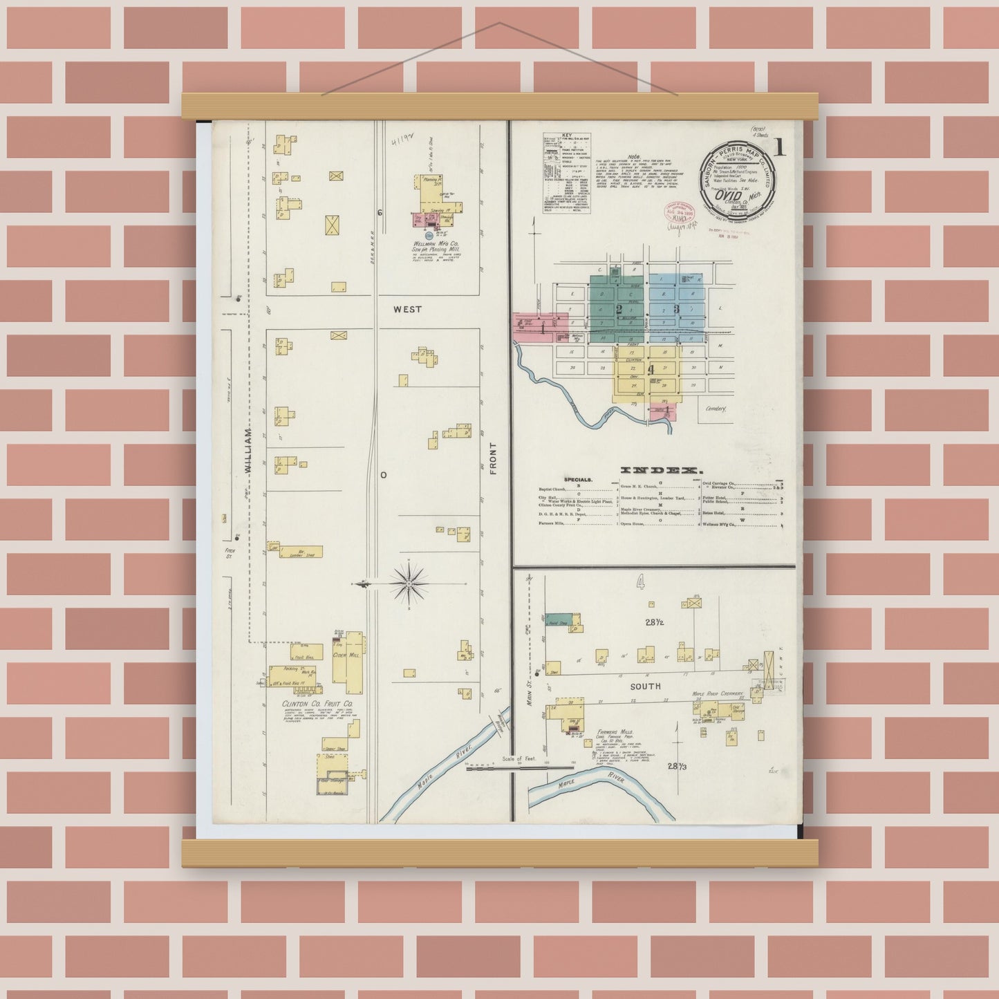 Old map wall art mockup — magnetic wood frame on brick wall — Sanborn Fire Insurance Map from Ovid, Clinton County, Michigan (1895) - Complete Map Set