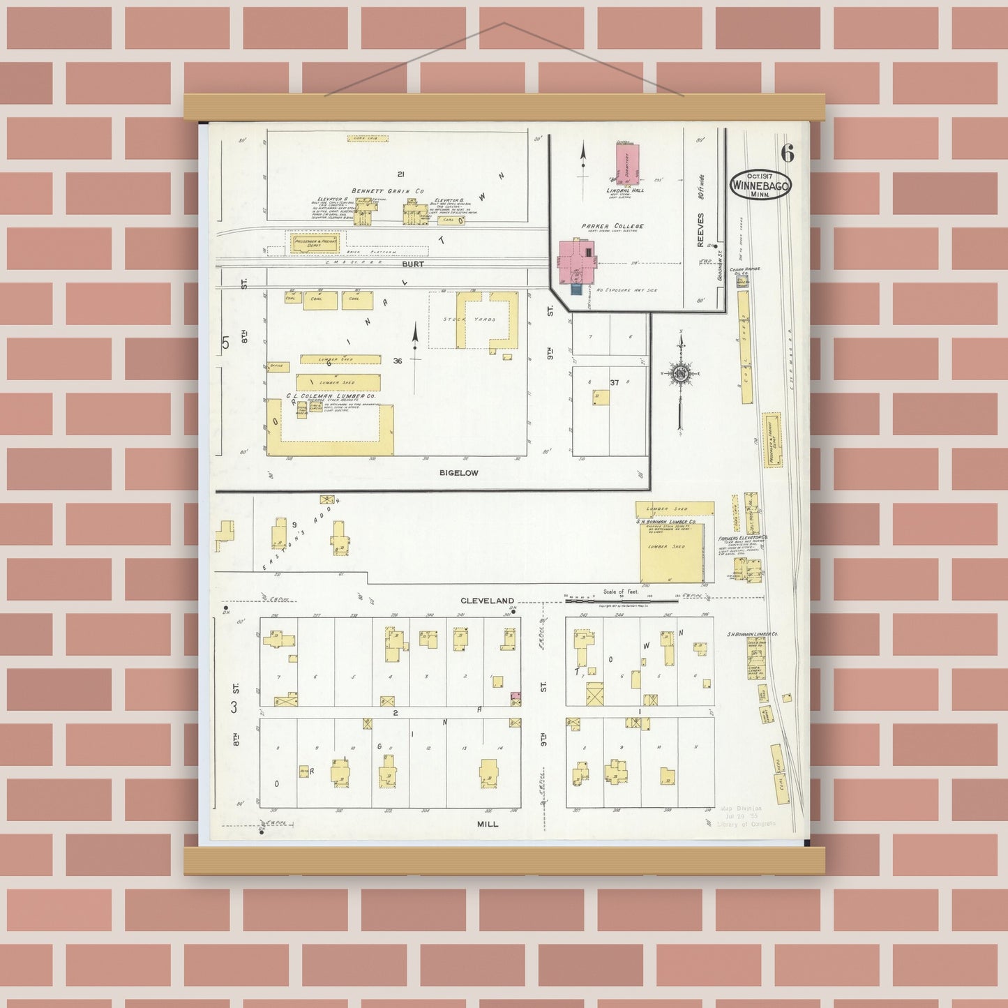Old map wall art mockup — magnetic wood frame on brick wall — Sanborn Fire Insurance Map from Winnebago, Faribault County, Minnesota (1917), Sheet #0006