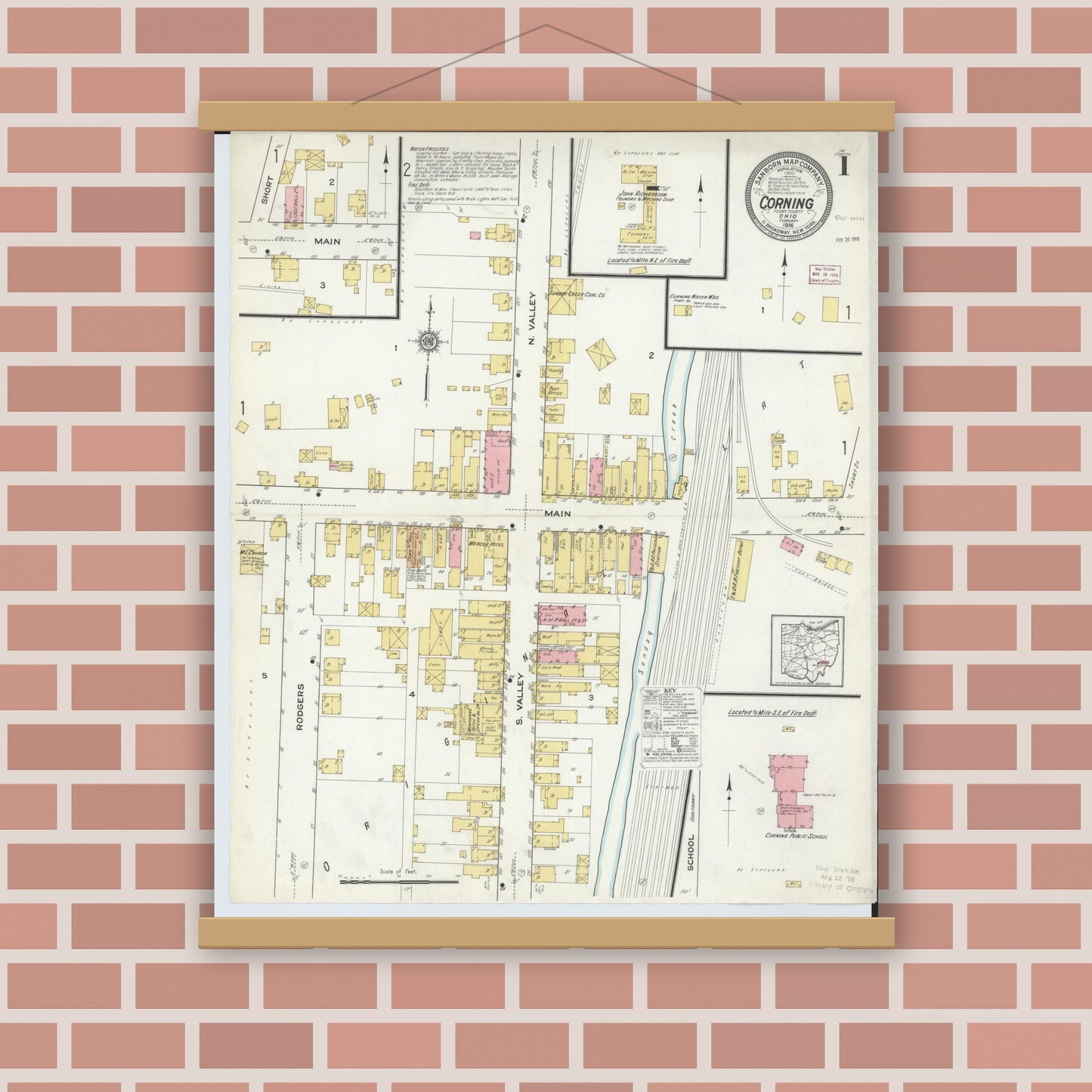 Old map wall art mockup — magnetic wood frame on brick wall — Sanborn Fire Insurance Map from Corning, Perry County, Ohio (1916), Sheet #0001