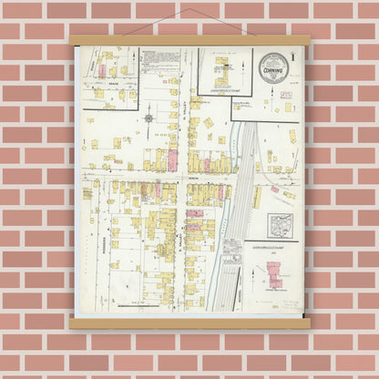 Old map wall art mockup — magnetic wood frame on brick wall — Sanborn Fire Insurance Map from Corning, Perry County, Ohio (1916), Sheet #0001