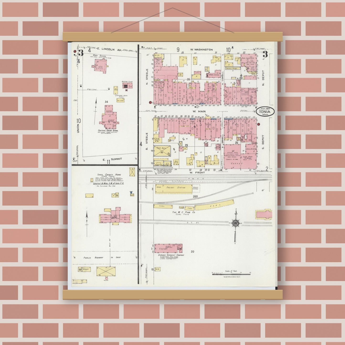 Old map wall art mockup — magnetic wood frame on brick wall — Sanborn Fire Insurance Map from Ionia, Ionia County, Michigan (1924), Sheet #0003