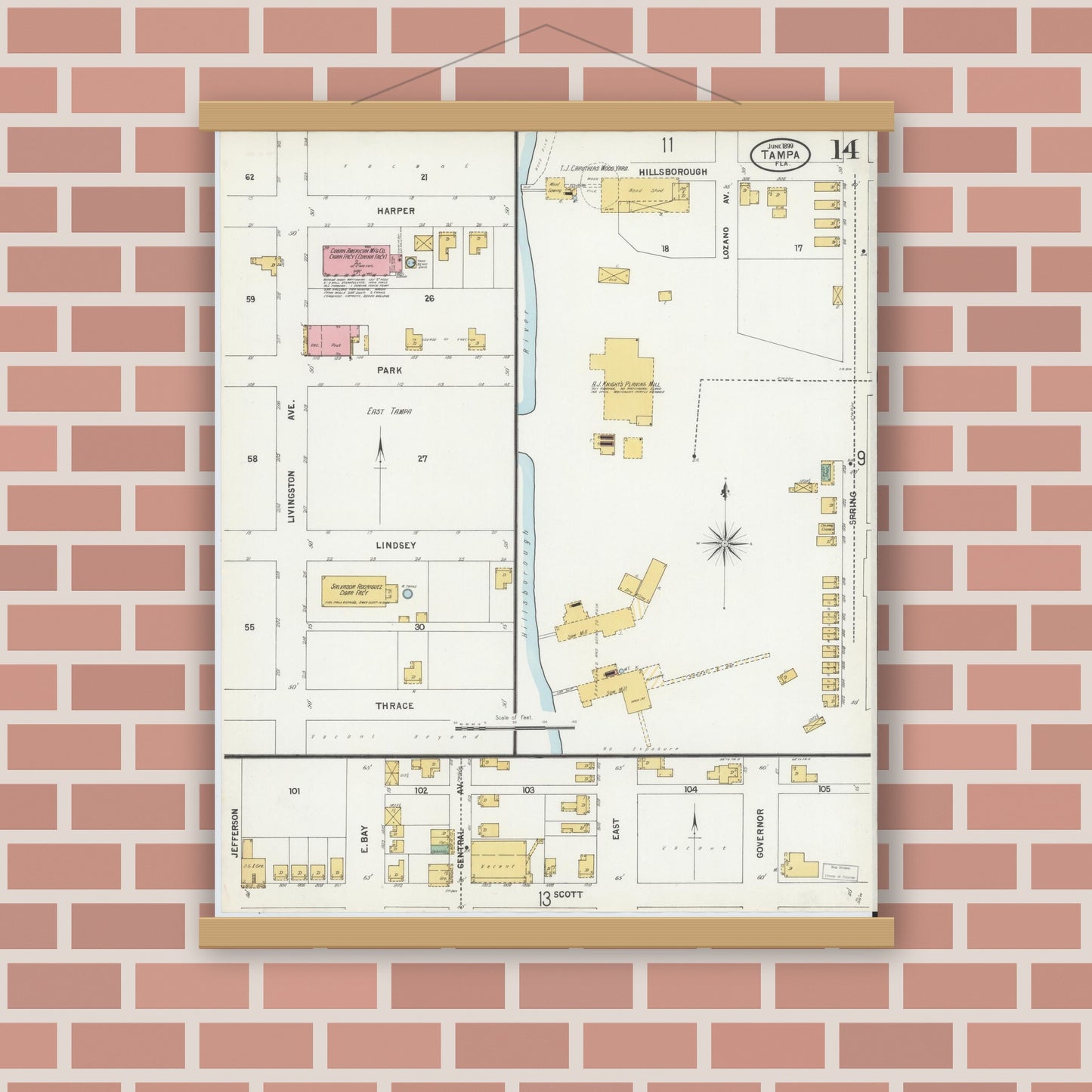 Old map wall art mockup — magnetic wood frame on brick wall — Sanborn Fire Insurance Map from Tampa, Hillsborough County, Florida (1899), Sheet #0014