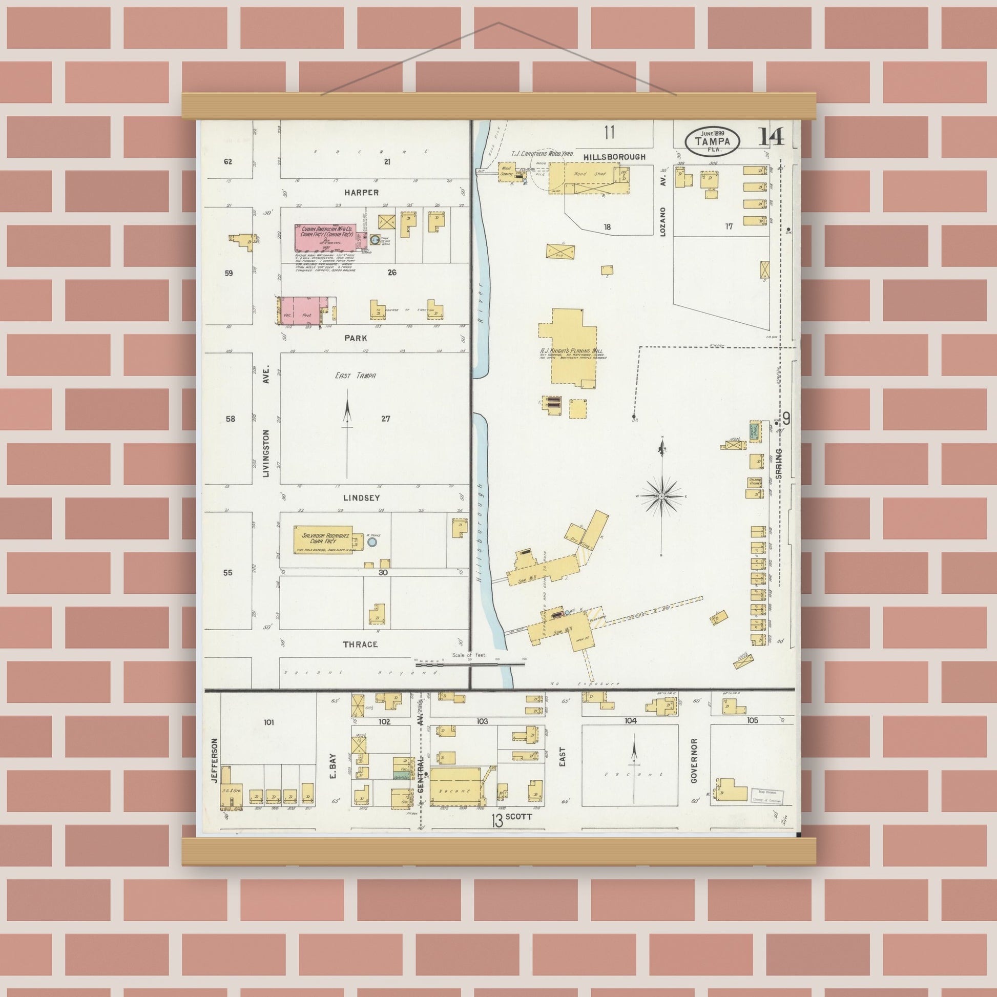 Old map wall art mockup — magnetic wood frame on brick wall — Sanborn Fire Insurance Map from Tampa, Hillsborough County, Florida (1899), Sheet #0014