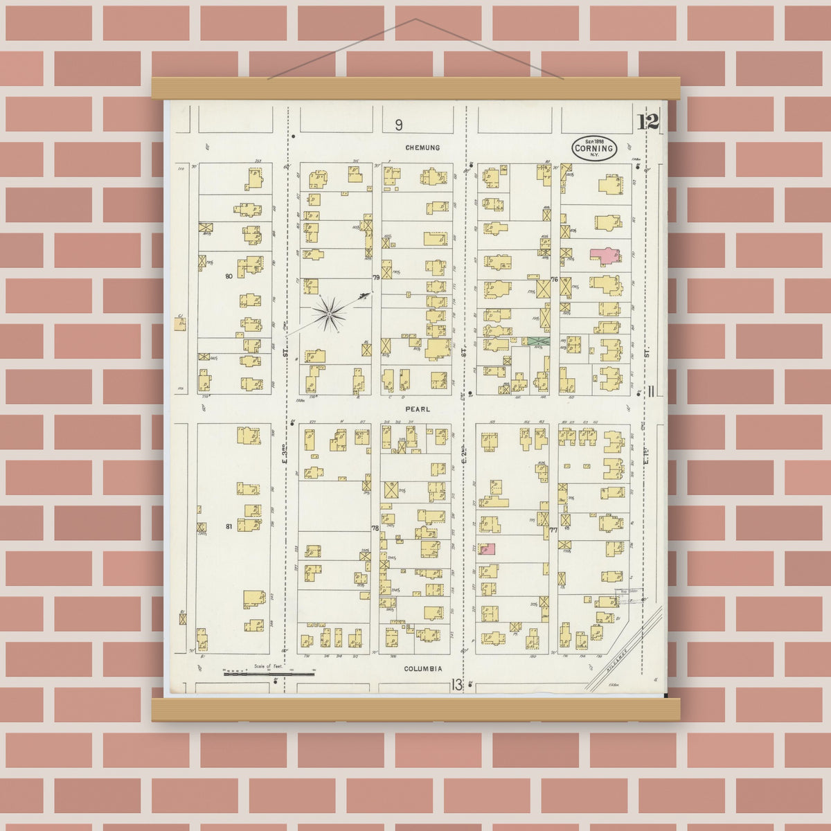 Old map wall art mockup — magnetic wood frame on brick wall — Sanborn Fire Insurance Map from Corning, Steuben County, New York (1898), Sheet #0012