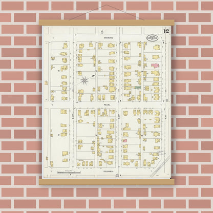 Old map wall art mockup — magnetic wood frame on brick wall — Sanborn Fire Insurance Map from Corning, Steuben County, New York (1898), Sheet #0012