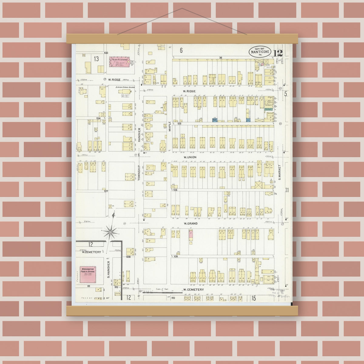 Old map wall art mockup — magnetic wood frame on brick wall — Sanborn Fire Insurance Map from Nanticoke, Luzerne County, Pennsylvania (1907), Sheet #0012