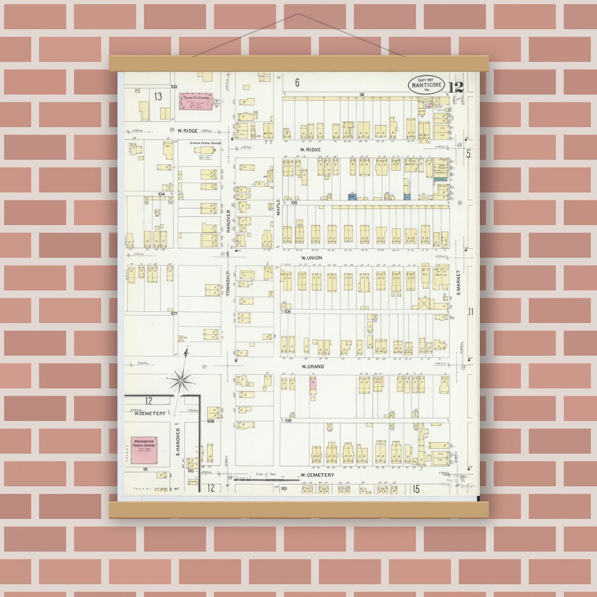 Old map wall art mockup — magnetic wood frame on brick wall — Sanborn Fire Insurance Map from Nanticoke, Luzerne County, Pennsylvania (1907), Sheet #0012