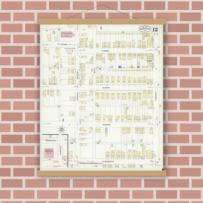 Old map wall art mockup — magnetic wood frame on brick wall — Sanborn Fire Insurance Map from Nanticoke, Luzerne County, Pennsylvania (1907), Sheet #0012