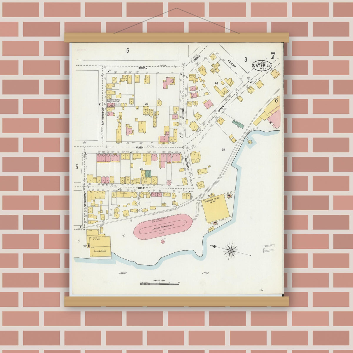 Old map wall art mockup — magnetic wood frame on brick wall — Sanborn Fire Insurance Map from Catskill, Greene County, New York (1903), Sheet #0007