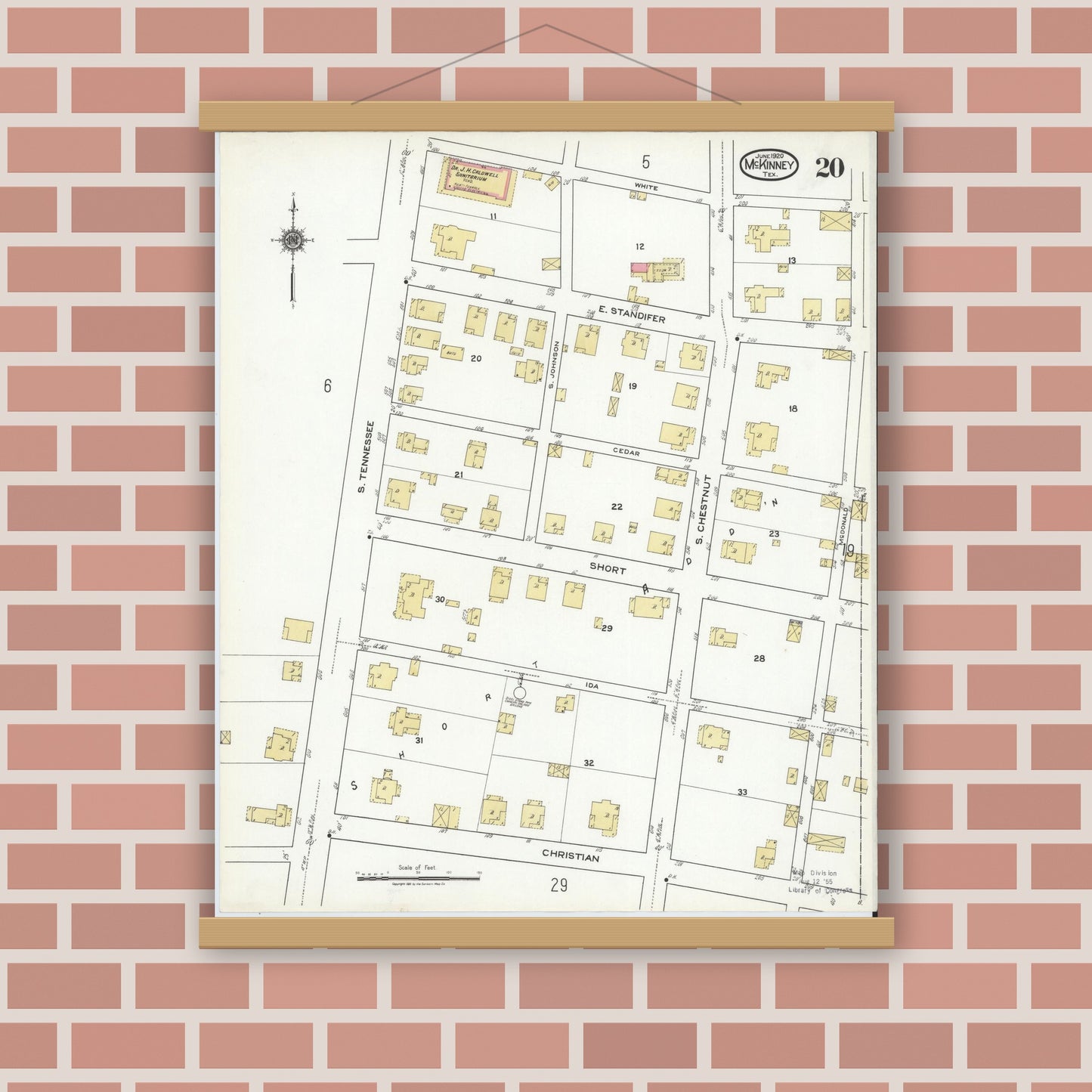 Old map wall art mockup — magnetic wood frame on brick wall — Sanborn Fire Insurance Map from McKinney, Collin County, Texas (1920), Sheet #0020