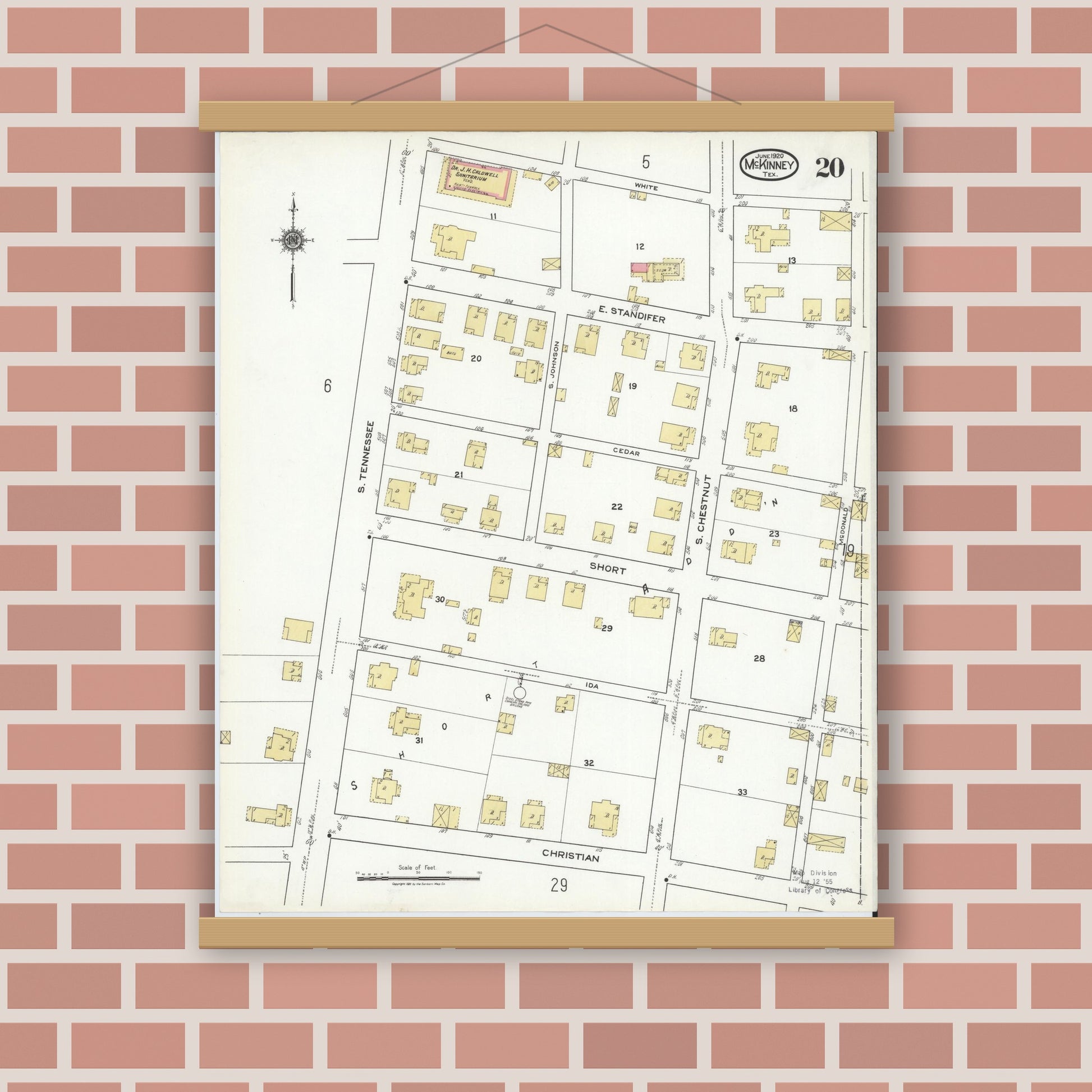 Old map wall art mockup — magnetic wood frame on brick wall — Sanborn Fire Insurance Map from McKinney, Collin County, Texas (1920), Sheet #0020