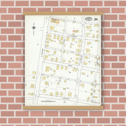 Old map wall art mockup — magnetic wood frame on brick wall — Sanborn Fire Insurance Map from McKinney, Collin County, Texas (1920), Sheet #0020