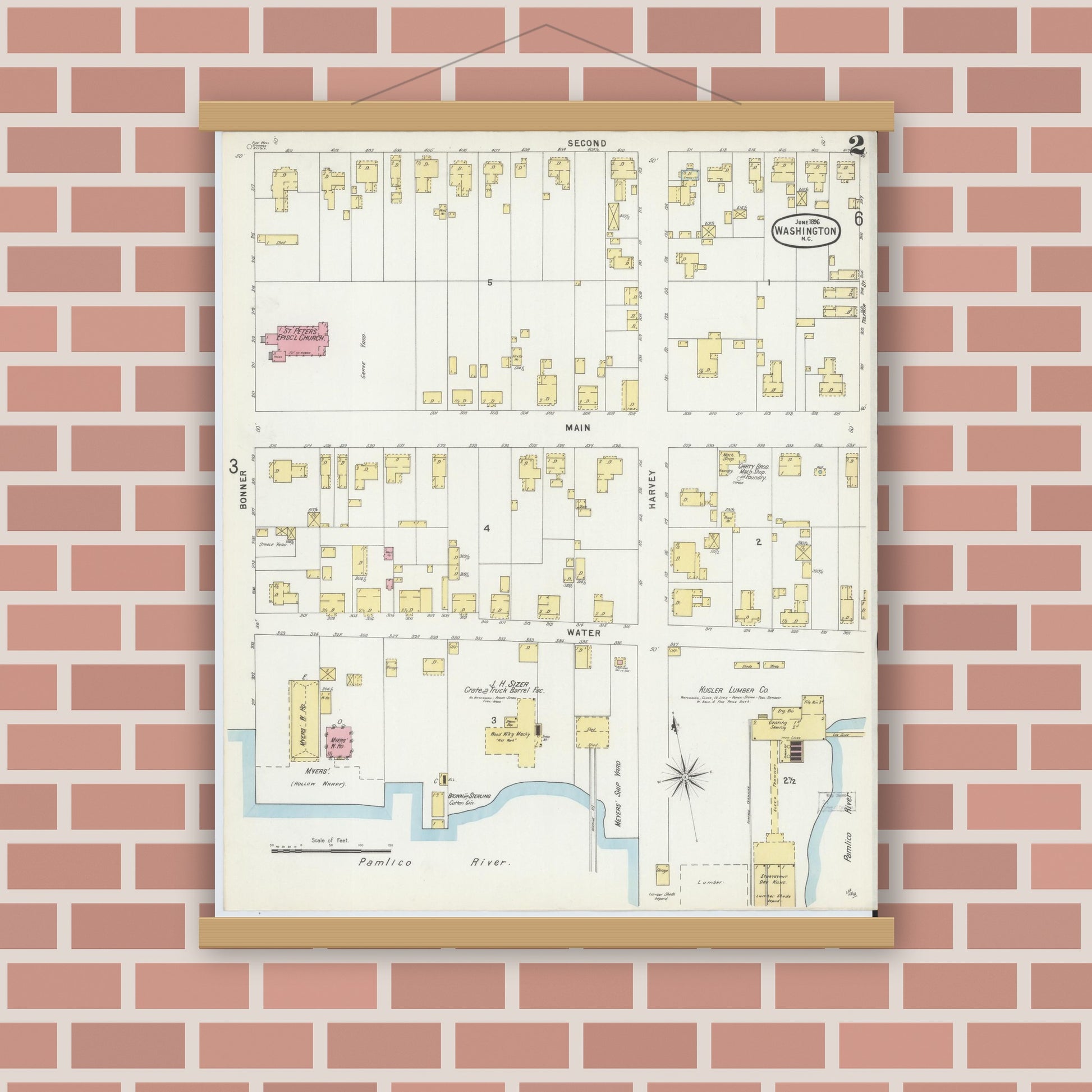 Old map wall art mockup — magnetic wood frame on brick wall — Sanborn Fire Insurance Map from Washington, Beaufort County, North Carolina (1896), Sheet #0002