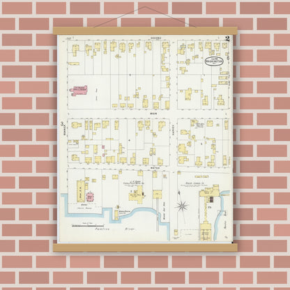 Old map wall art mockup — magnetic wood frame on brick wall — Sanborn Fire Insurance Map from Washington, Beaufort County, North Carolina (1896), Sheet #0002