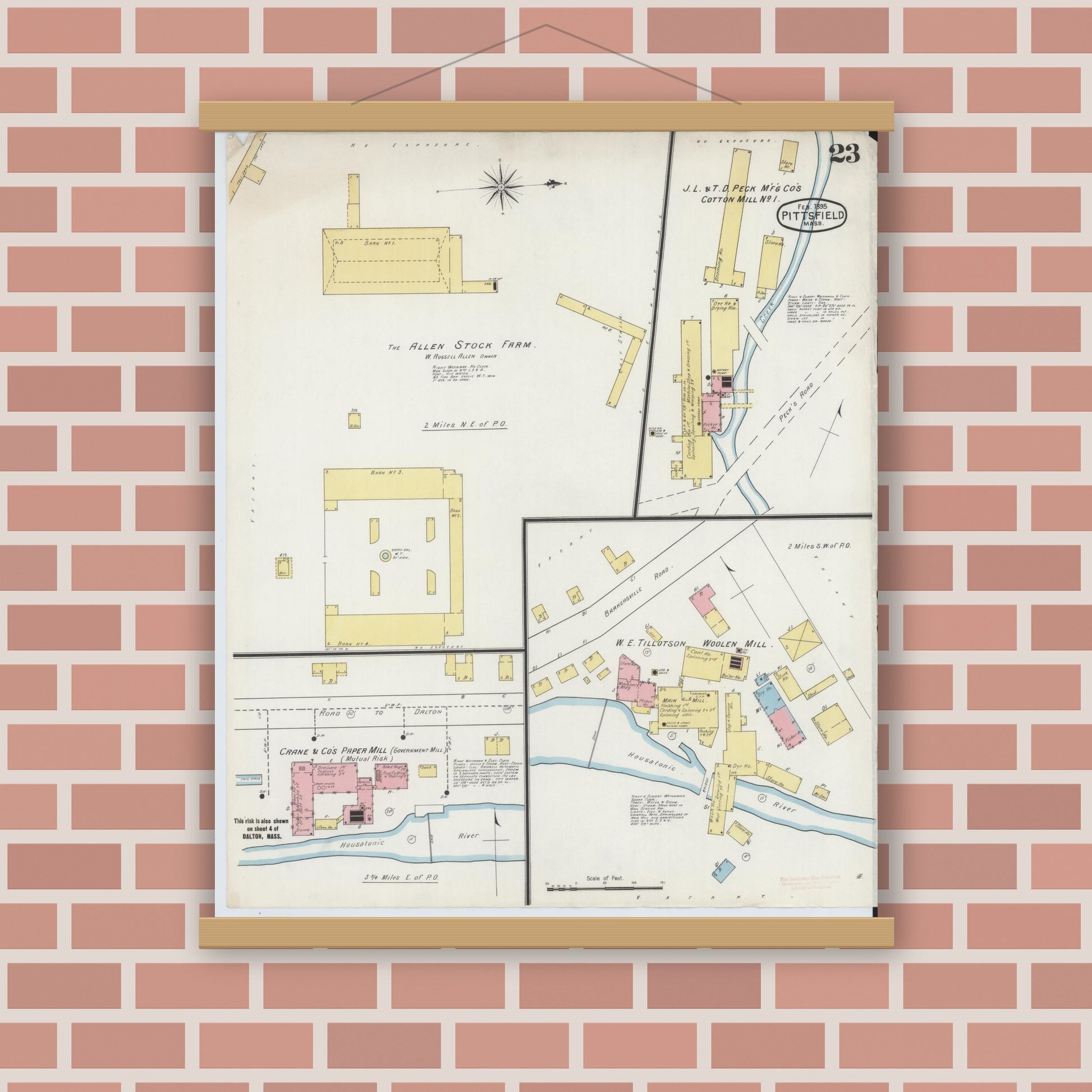 Old map wall art mockup — magnetic wood frame on brick wall — Sanborn Fire Insurance Map from Pittsfield, Berkshire County, Massachusetts (1895), Sheet #0023