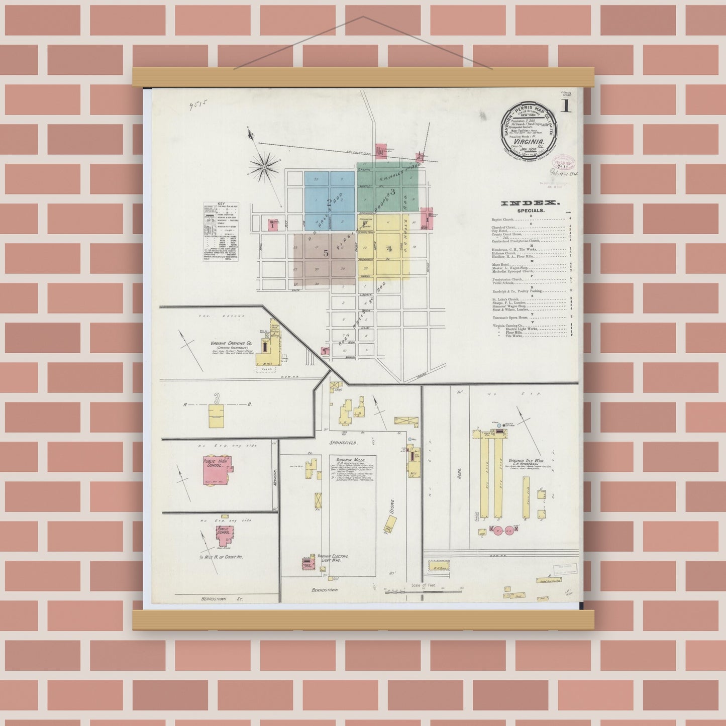 Old map wall art mockup — magnetic wood frame on brick wall — Sanborn Fire Insurance Map from Virginia, Cass County, Illinois (1894) - Complete Map Set