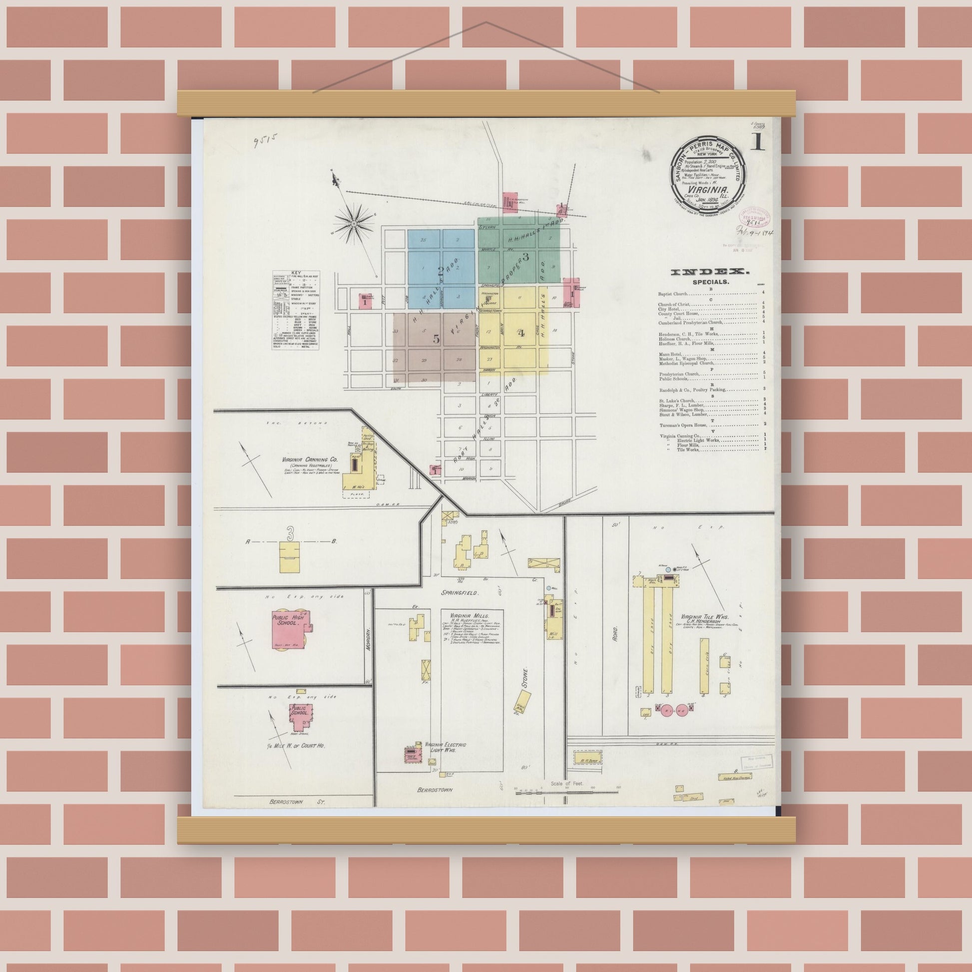 Old map wall art mockup — magnetic wood frame on brick wall — Sanborn Fire Insurance Map from Virginia, Cass County, Illinois (1894) - Complete Map Set