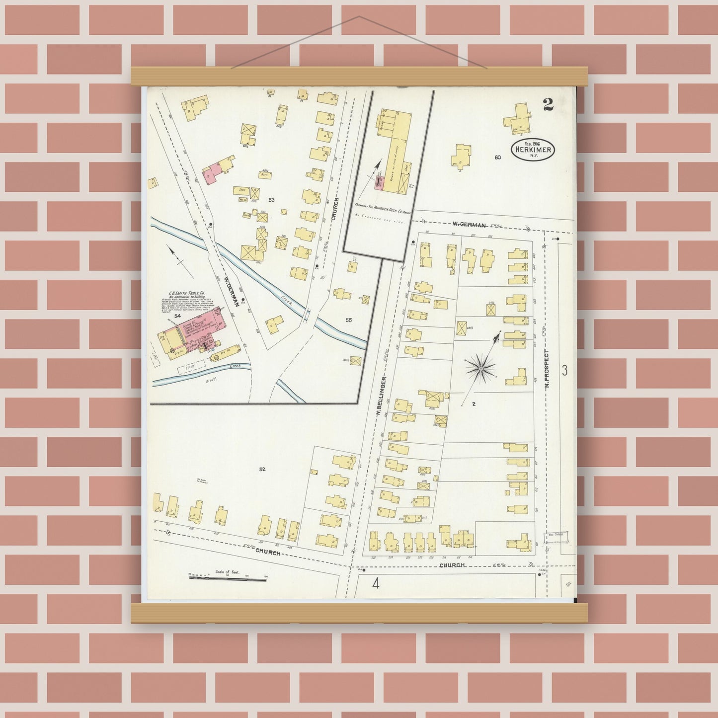 Old map wall art mockup — magnetic wood frame on brick wall — Sanborn Fire Insurance Map from Herkimer, Herkimer County, New York (1906) - Complete Map Set